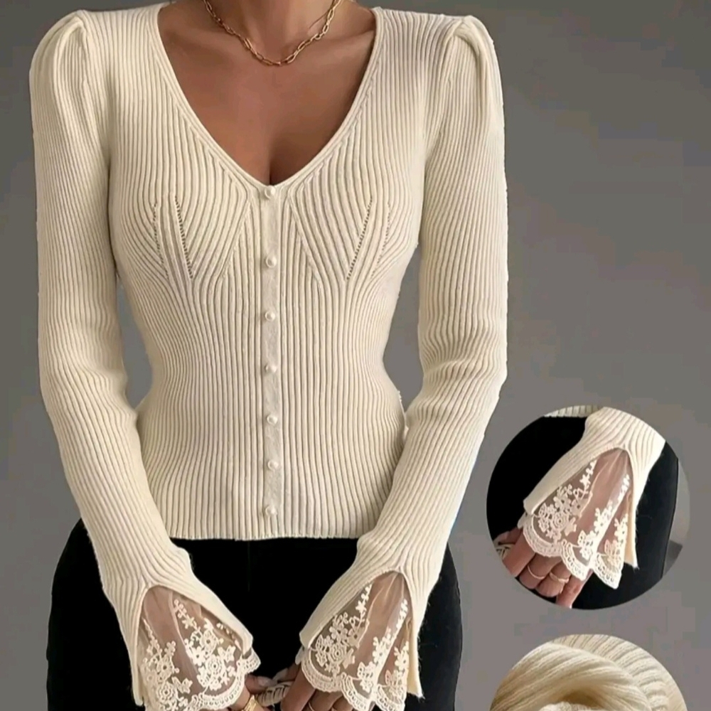 Cream Ribbed Button-Up Sweater with Lace Bell Cuffs